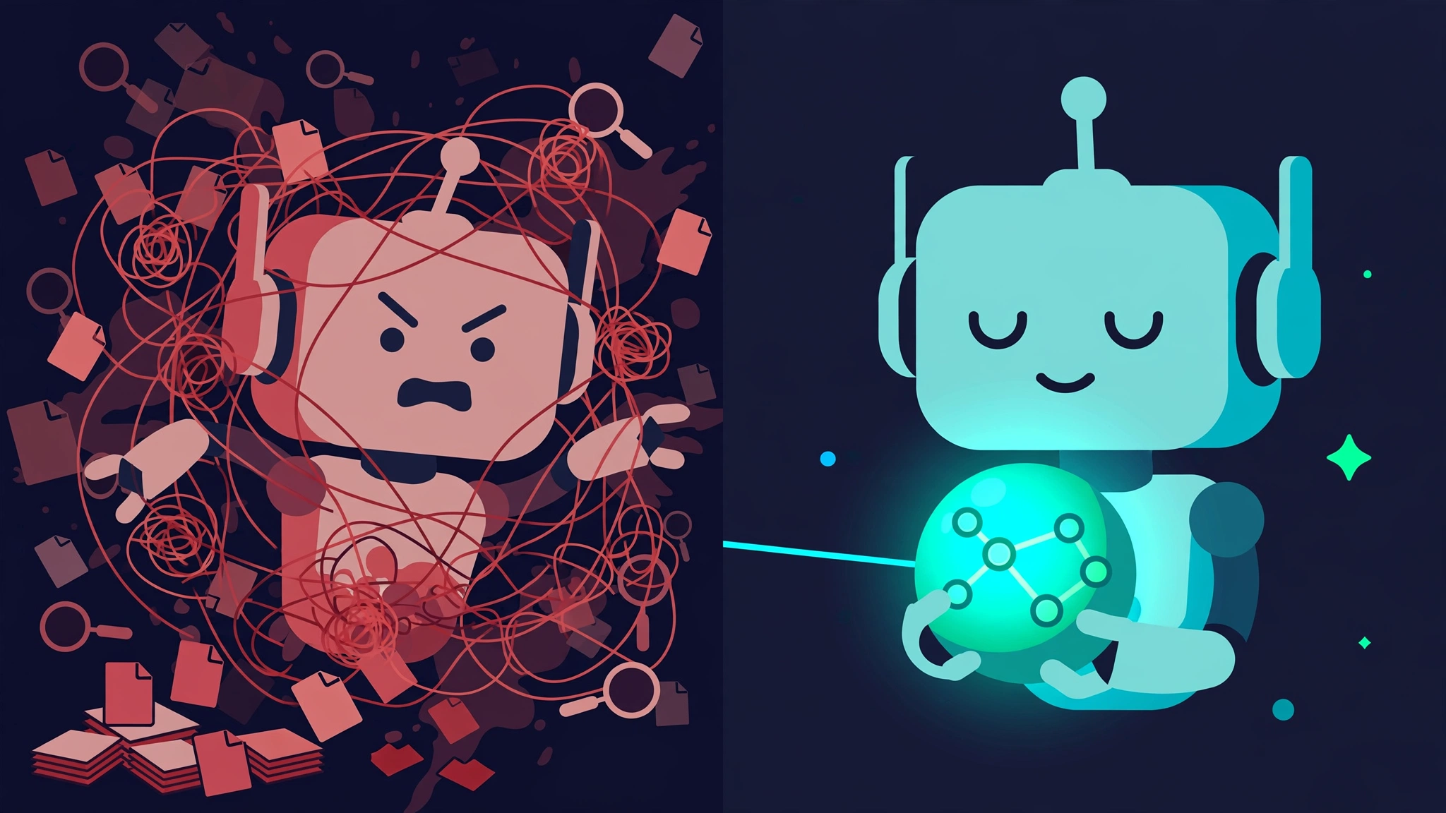 AI-generated split illustration: on the left a coding agent tangled in red threads among scattered files and magnifiers, on the right the same agent calmly holding a single glowing graph orb