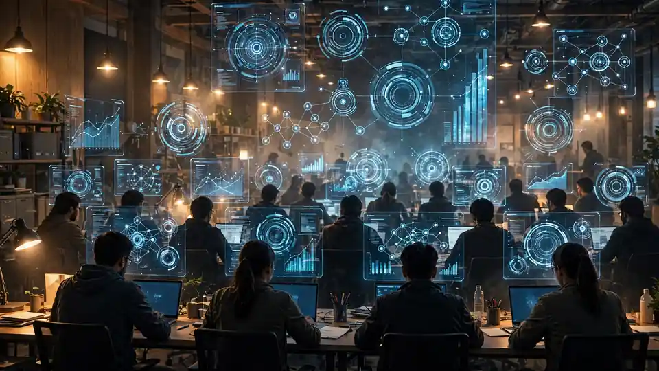 Illustration of engineers building AI agents in a large workshop