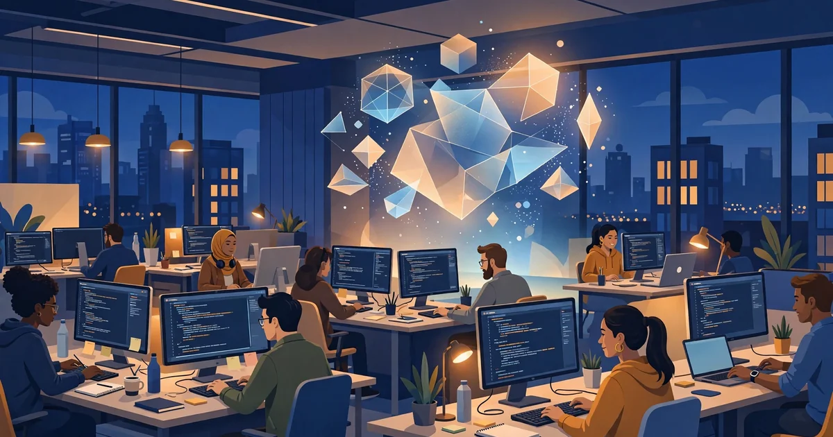 Engineers reviewing code with an AI assistant presence above their workstations in a modern enterprise office