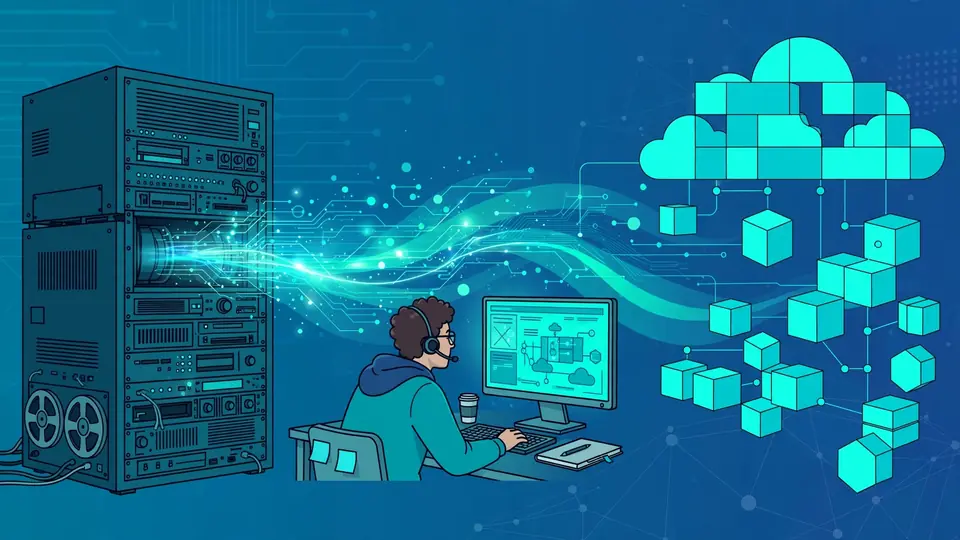 An old mainframe transforming into flowing streams of modern cloud code, reviewed by an engineer