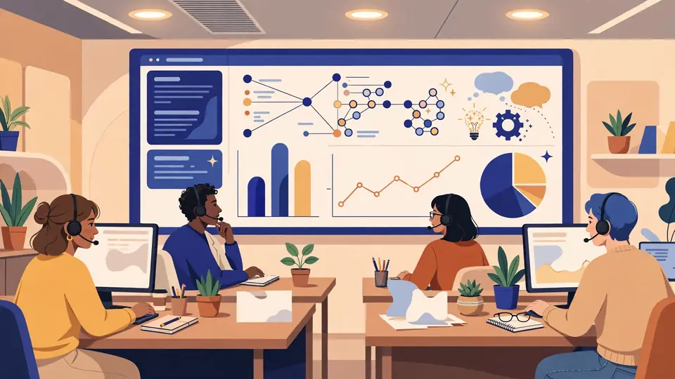 A customer support operations centre with agents and a shared dashboard showing AI-assisted conversation threads