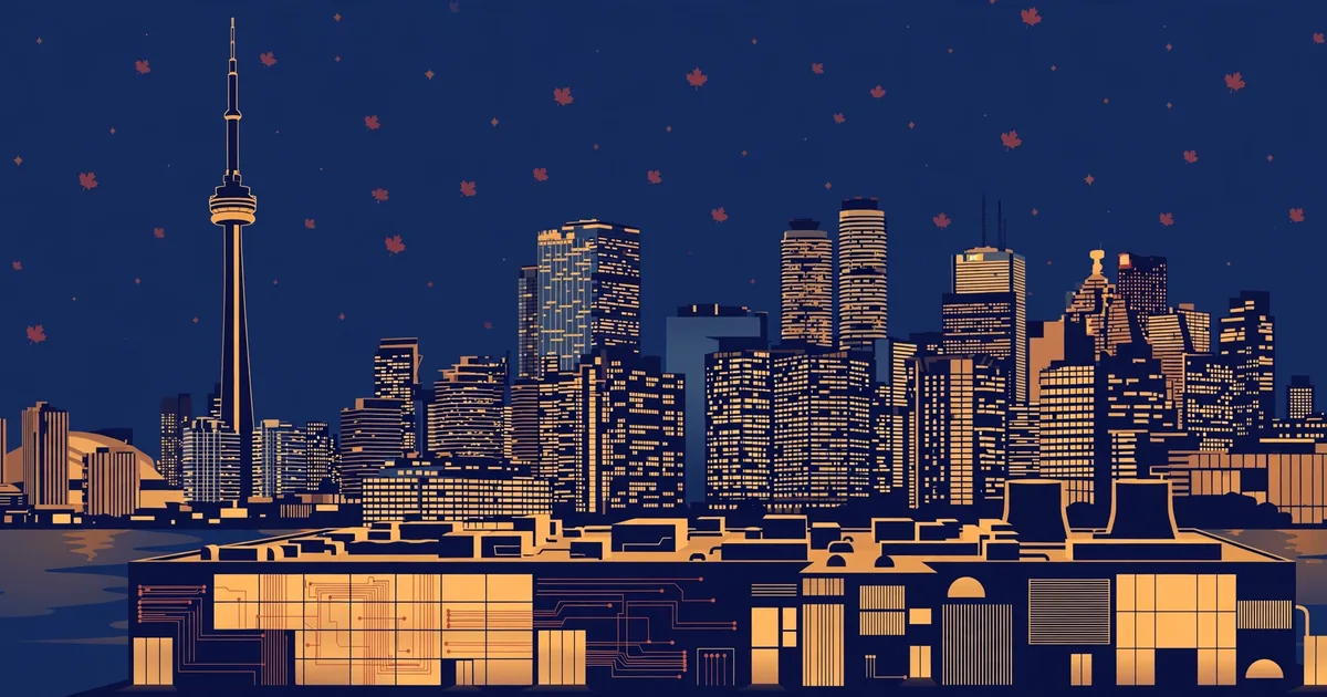 Toronto skyline at dusk with the CN Tower above a glowing data centre building