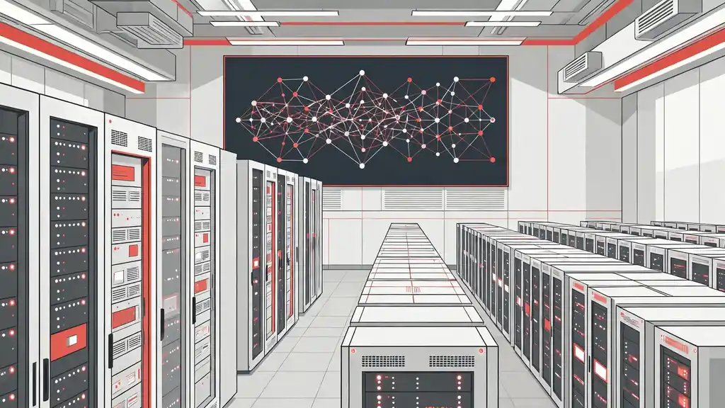 A server hall with rows of racks and a wall display showing a network diagram