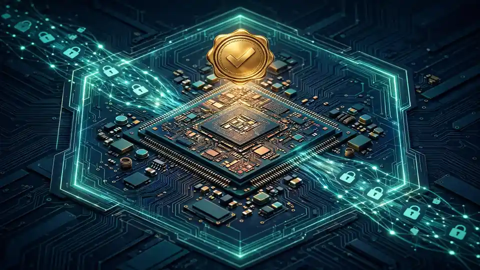 A GPU chip inside a glowing hardware security boundary with an attestation seal — illustrating remote attestation of the confidential environment