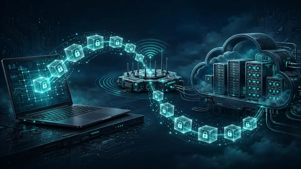 End-to-end encrypted data path: locked data packets traveling from a laptop through a relay into a cloud vault of GPU servers
