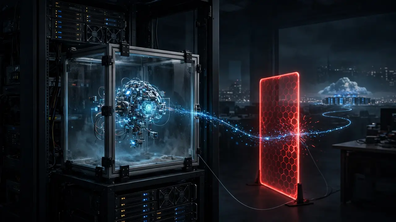 An AI agent inside a sealed glass sandbox, its data thread stopped by a red security barrier before reaching a distant cloud server