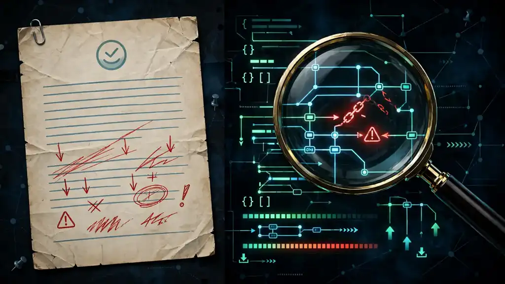 A magnifying glass over terminal code and a reasoning transcript that contradicts the code beneath it