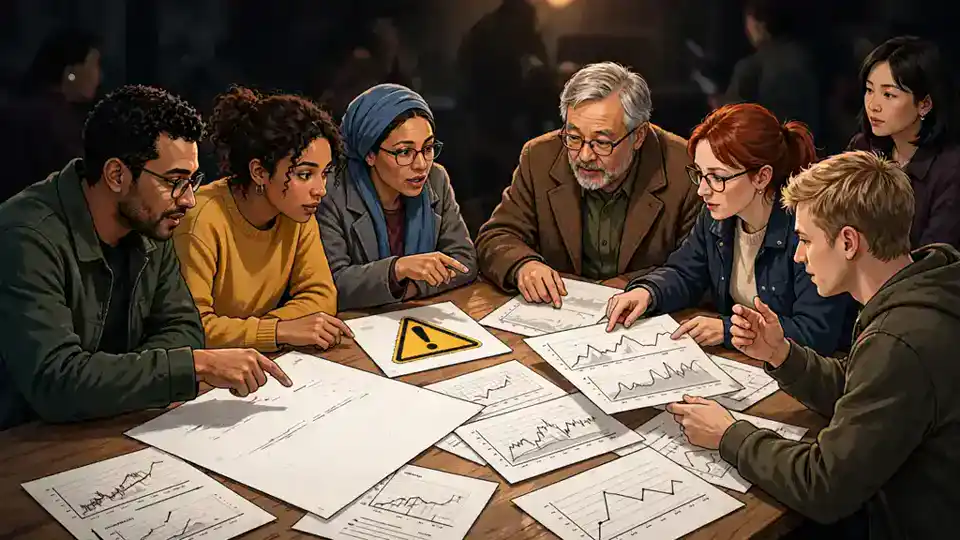 A group of commenters around a table examining printed data traces and debating what they prove