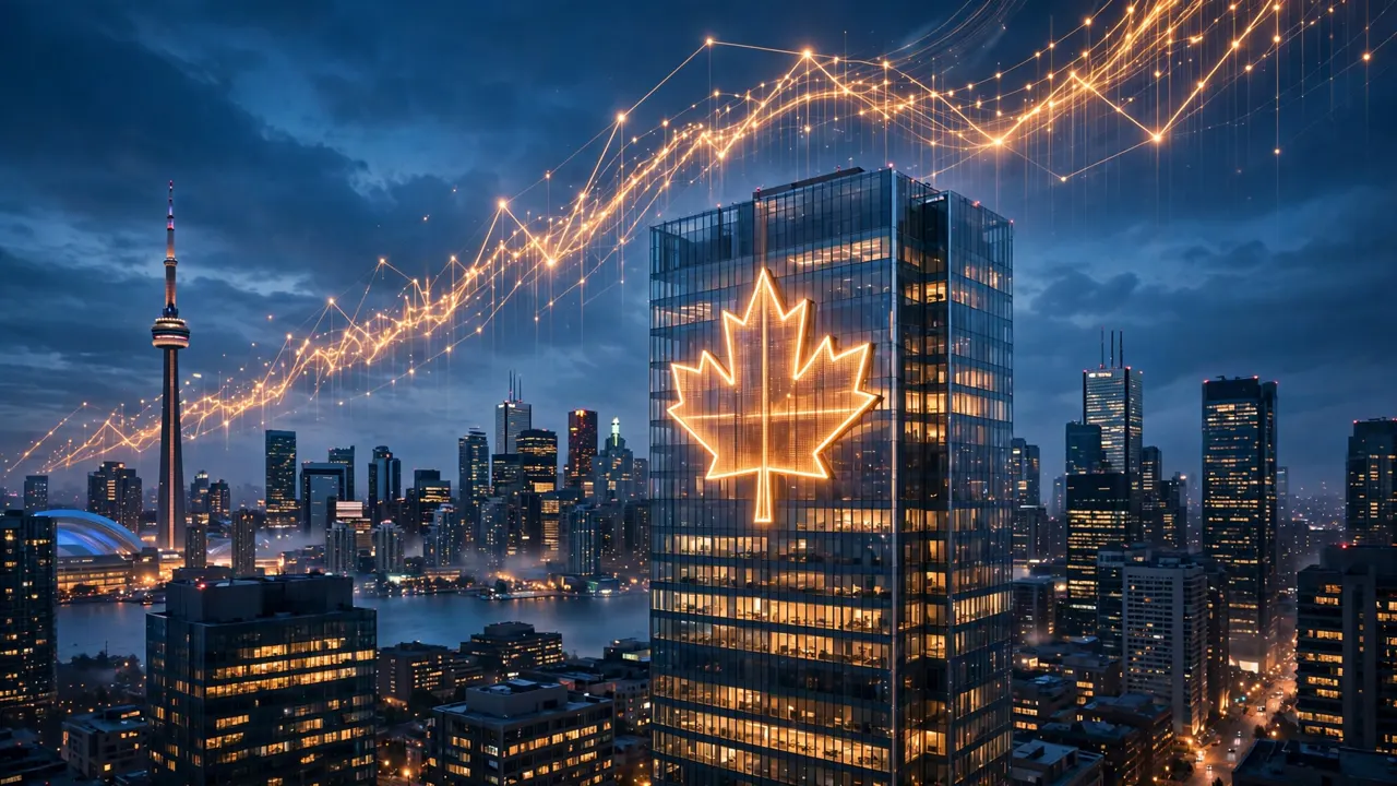 Toronto’s skyline at dusk with a glowing maple leaf on a glass tower and rising lines of light