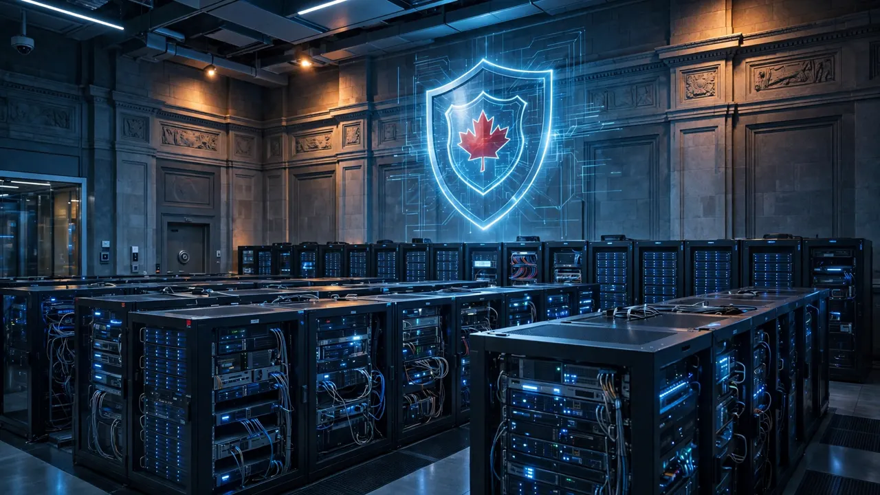A secure server room with a glowing shield bearing a red maple leaf