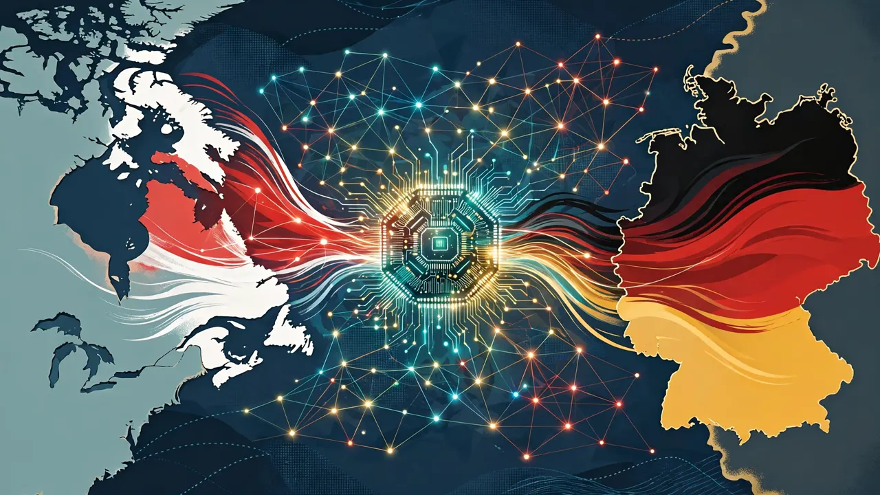 A glowing AI chip linking stylized maps of Canada and Germany across the Atlantic