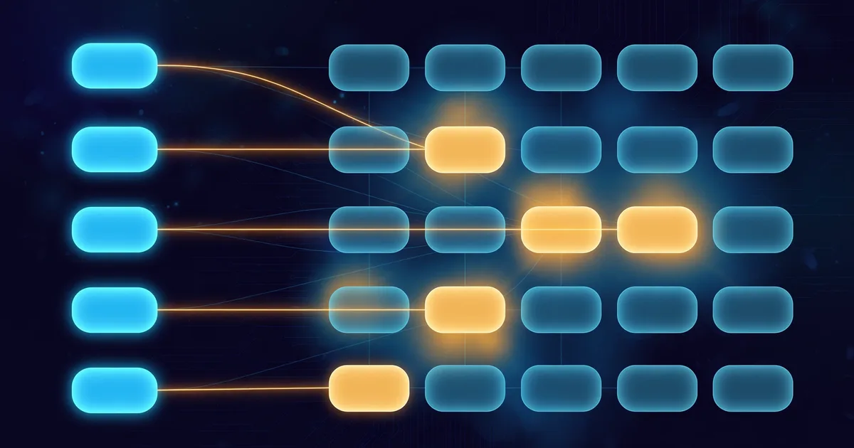 Editorial illustration of late-interaction retrieval: query tokens on the left linked by glowing lines to their best-matching document tokens