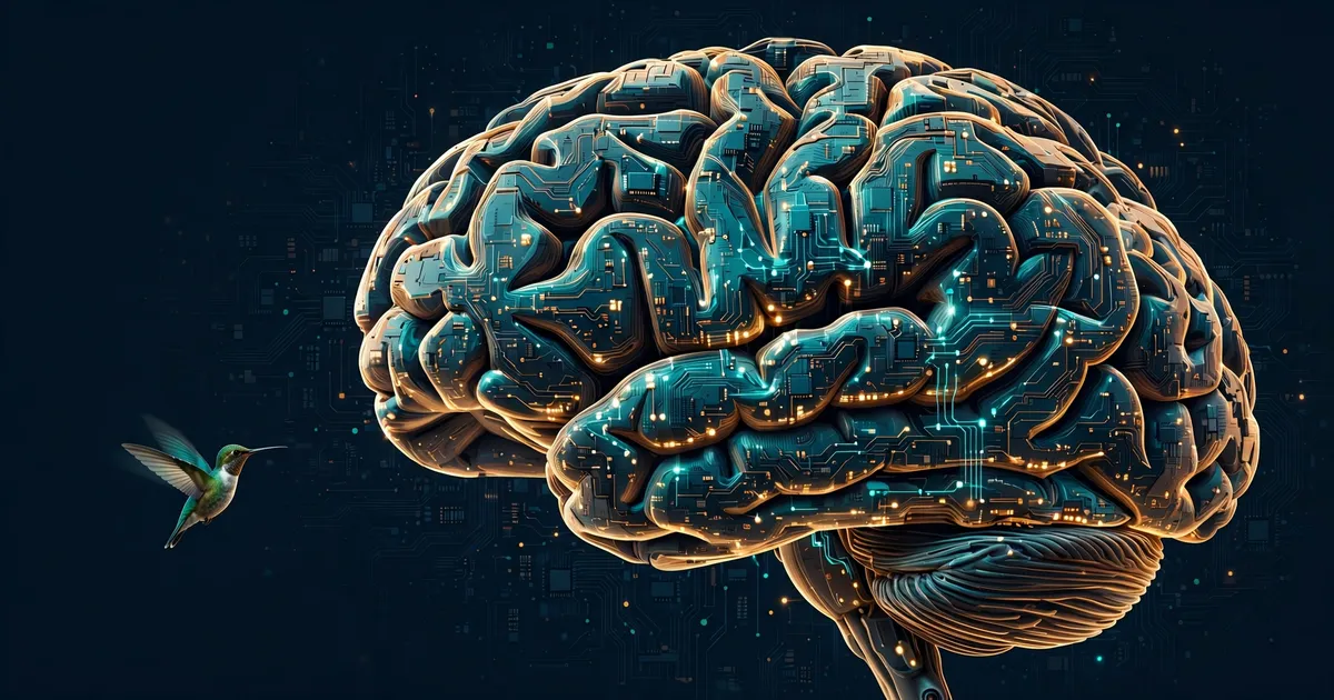 Editorial illustration: a tiny hummingbird hovering in front of a giant glowing neural-network brain made of layered circuit patterns, dark navy background with teal and amber glow