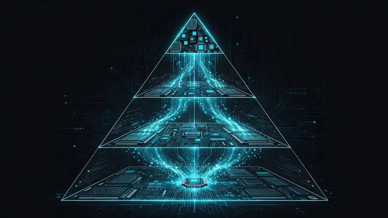 A three-tier memory pyramid: VRAM at top, RAM in middle, NVMe SSD at bottom, data streams feeding a central AI chip