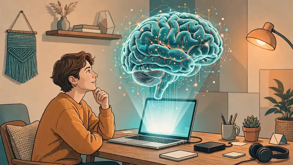 A person at a desk with a laptop and external drive, chatting with a giant AI brain hologram