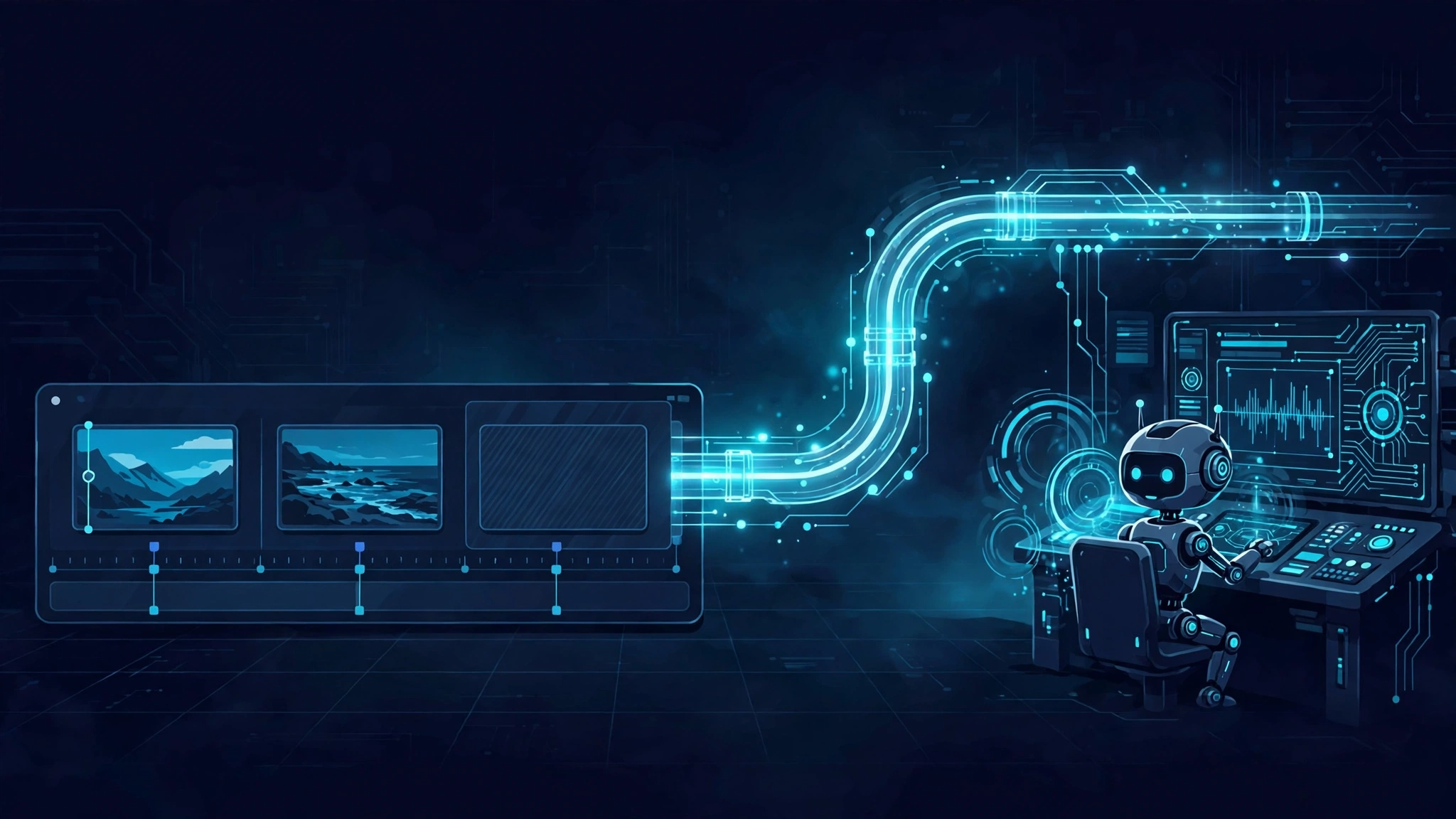 An AI agent at a console connected by a glowing pipeline to a video editing timeline