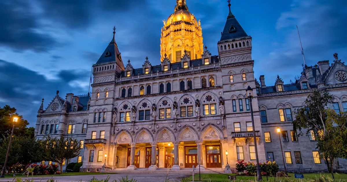 Editorial illustration of the Connecticut State Capitol dome at dusk