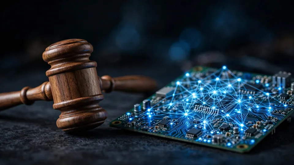Editorial illustration of a judge's gavel beside a glowing AI circuit board