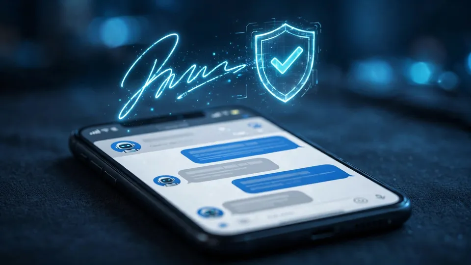 Editorial illustration of a smartphone chat with an AI assistant and a digital consent checkmark
