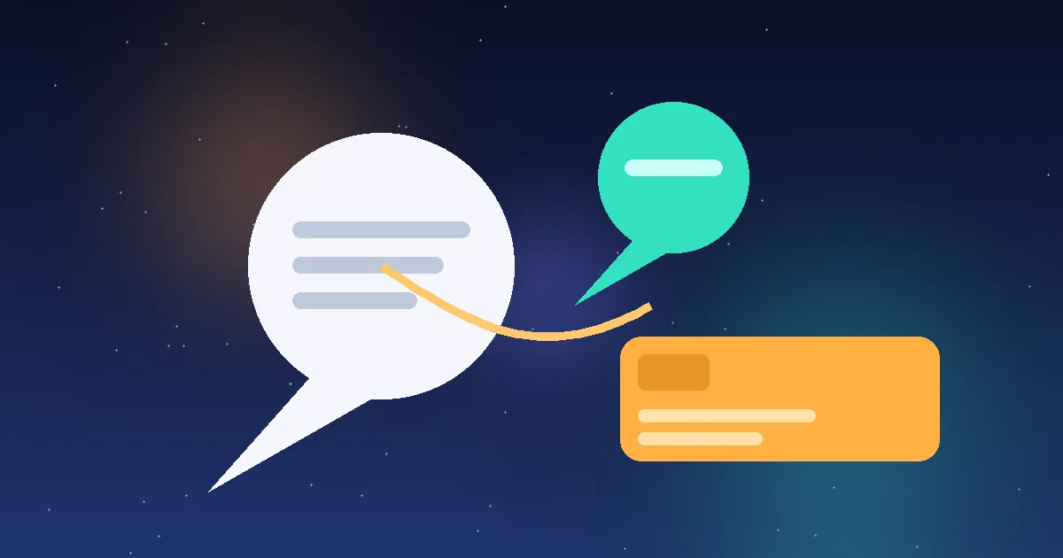 An abstract illustration: a chat bubble flows along a glowing trail into a payment card, on a dark blue gradient.