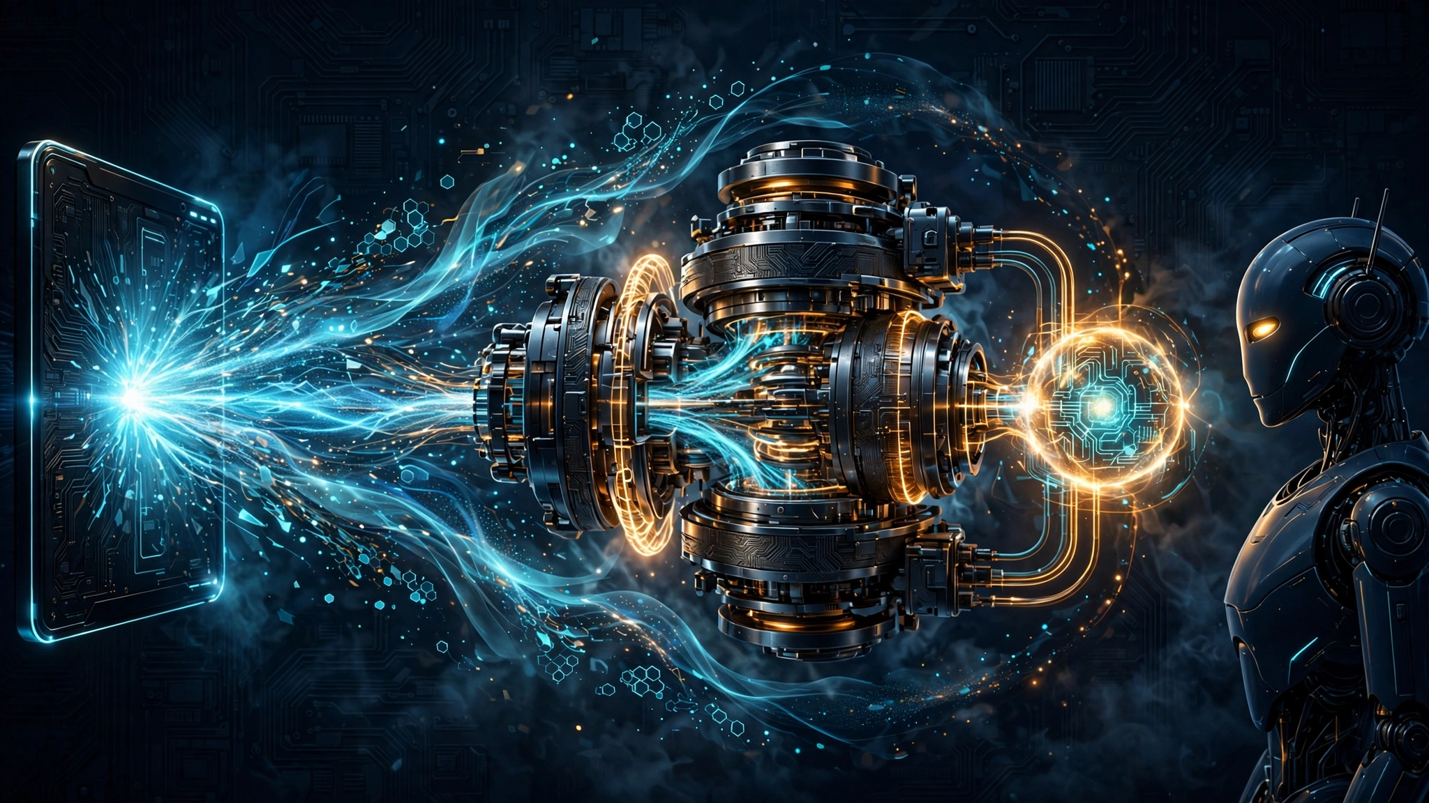 Editorial illustration: a mechanical engine filtering wide streams of raw data into a dense beam delivered to a robot, cyan and amber on dark navy
