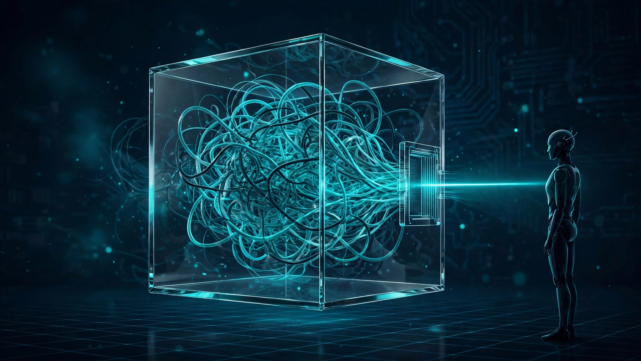 Illustration of the sandbox: a glass cube containing tangled threads of raw data, emitting a single clean beam of output toward a robot observer