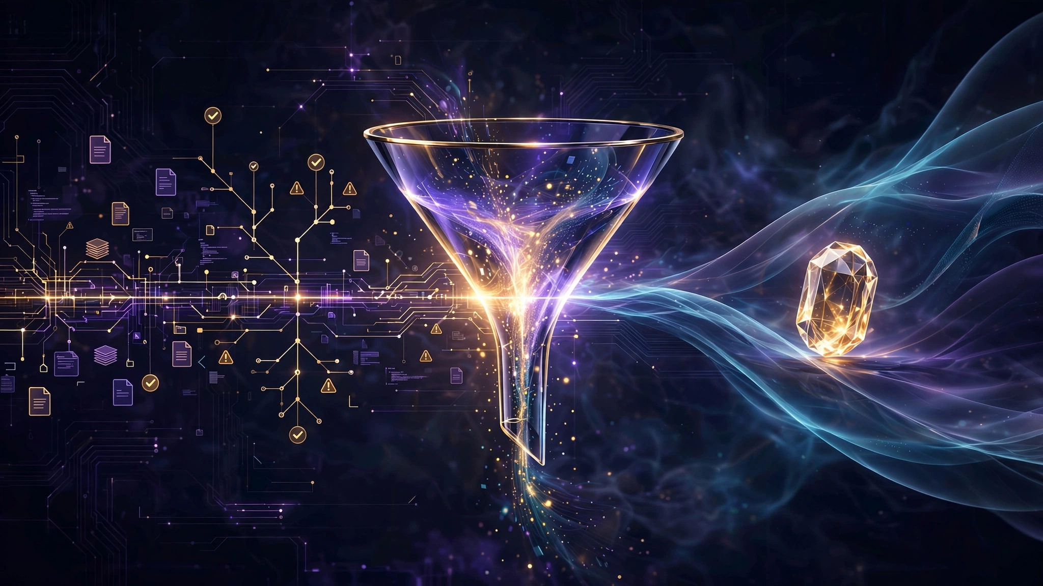 Illustration of intent-driven filtering: a luminous funnel distilling scattered document icons and circuit traces into a single golden crystal