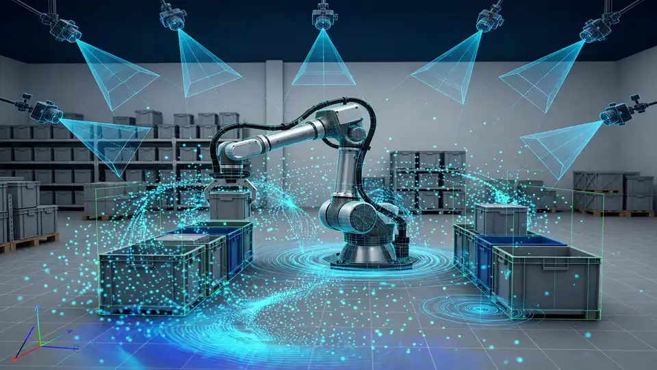 A robotic arm performing a pick-and-place task in a simulated warehouse environment