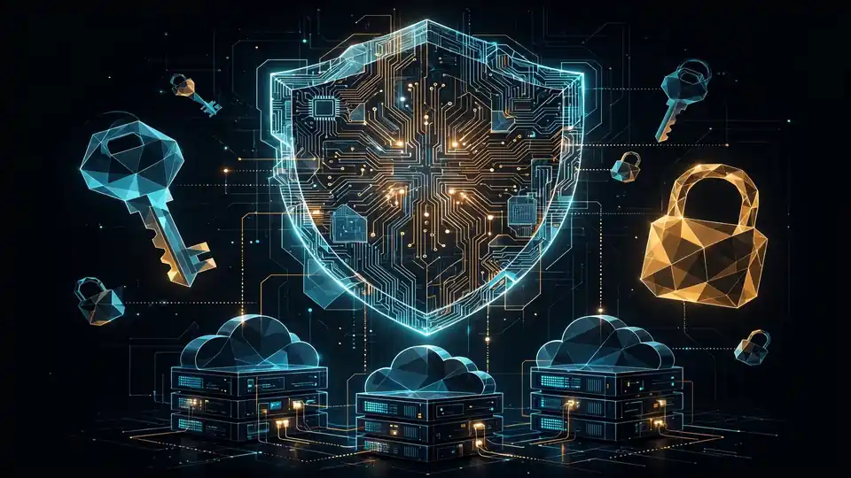 A glowing shield of circuit patterns above cloud servers, representing zero-trust security