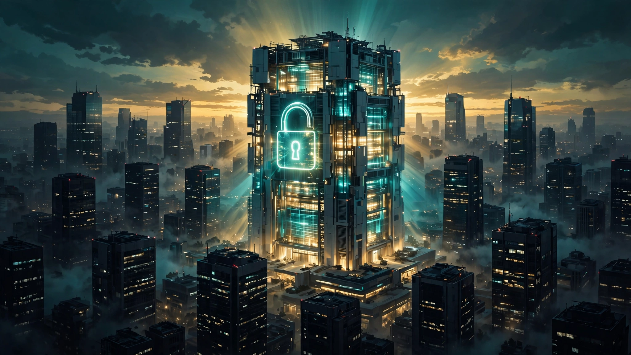 A glowing open padlock emblem on a central data-center tower amid a corporate skyline at dusk, with expensive glass towers dimming around it