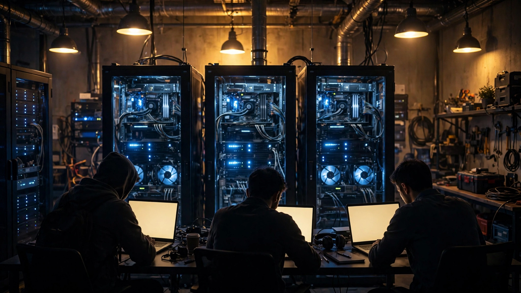 Engineers running server racks and workstations in-house rather than paying for cloud AI APIs