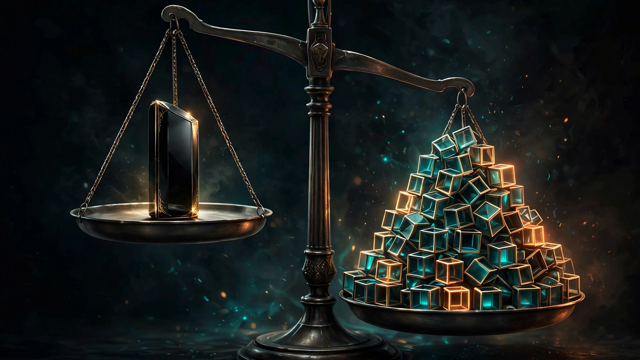 A balance scale with one expensive closed AI monolith on one side and a heap of many cheaper open model cubes on the other