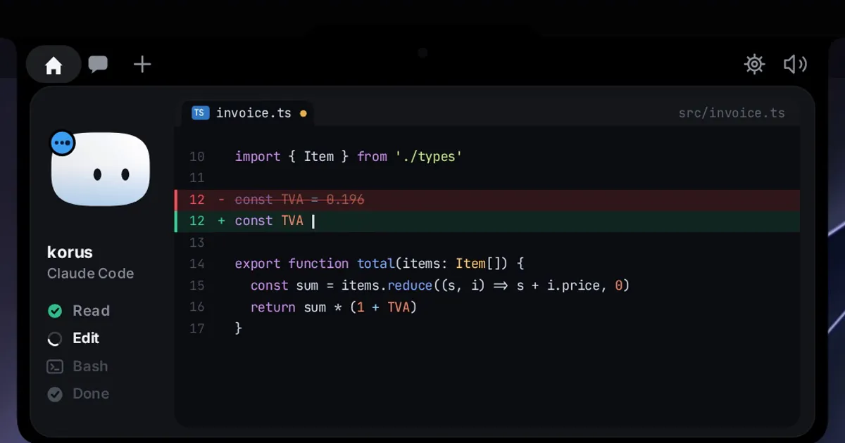 Coucou in the Mac notch showing a live Claude Code session: a file diff with removed and added lines beside Mochi, the app's squircle companion