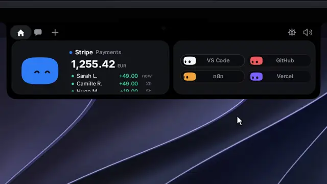 Service pills in the notch island: Stripe payments with recent transactions beside VS Code, GitHub, n8n, and Vercel pills