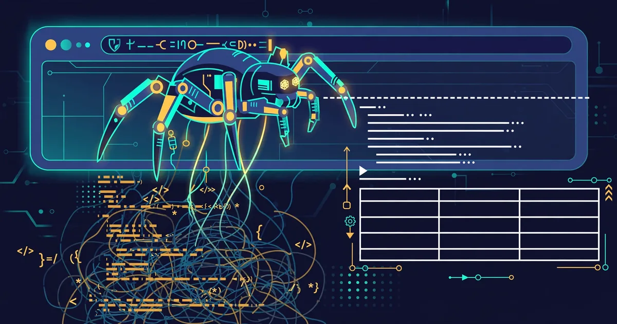 A robotic spider with glowing legs crawls across a glowing browser window, pulling clean markdown lines and a table out of a tangle of HTML code