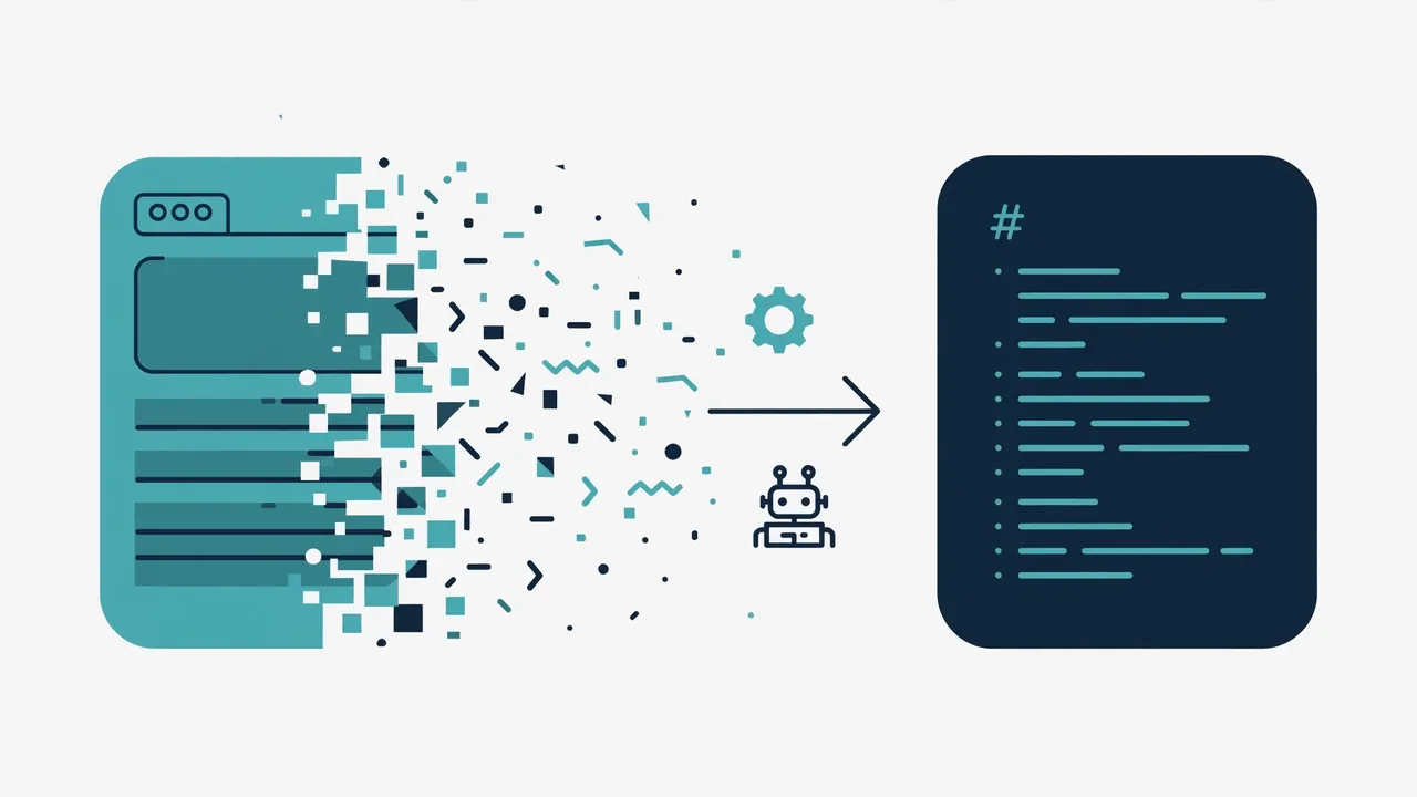 An abstract illustration of a web page dissolving into a clean markdown document with an arrow between them