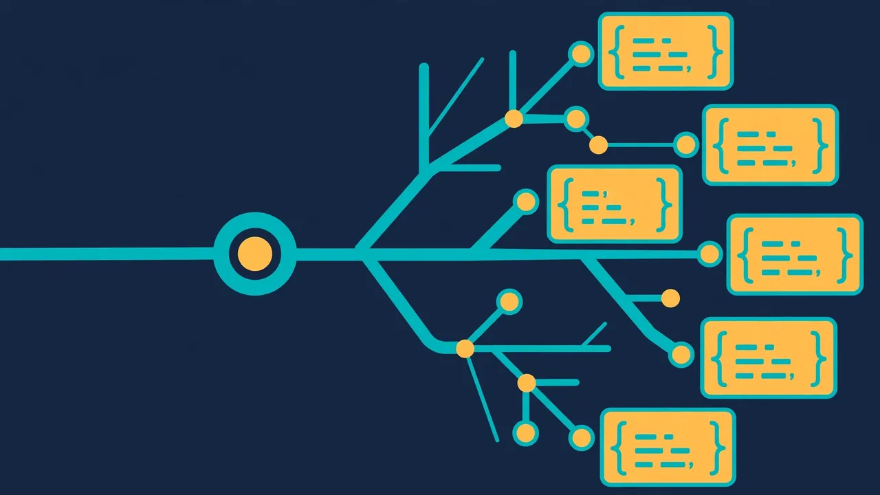 An abstract branching tree of crawled web pages spreading from a central node, each leaf turning into a tidy JSON data card