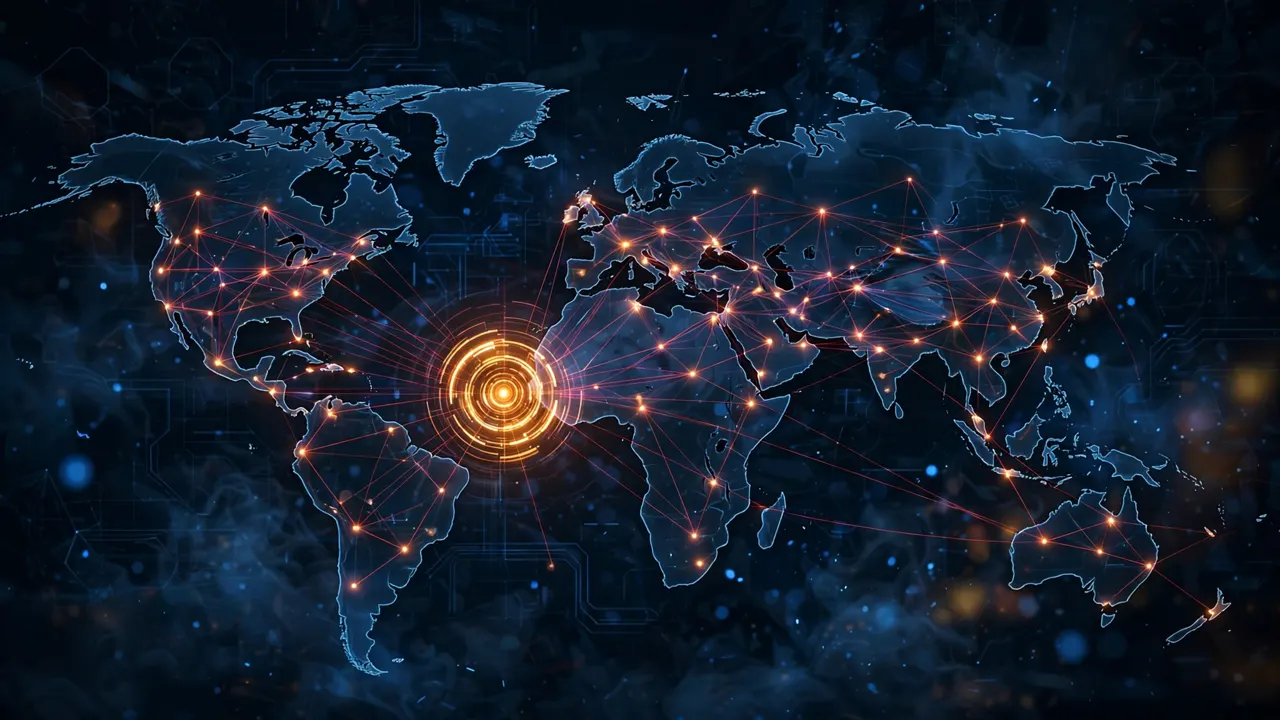 A glowing world map with a single central control node radiating red lines to dozens of target points across continents