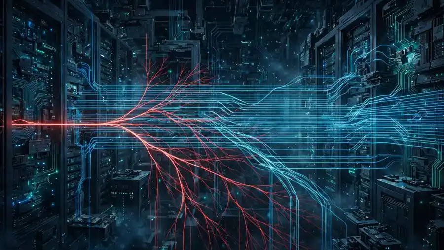 Glowing branching pathways splitting through a dark server landscape, one red thread dividing into many