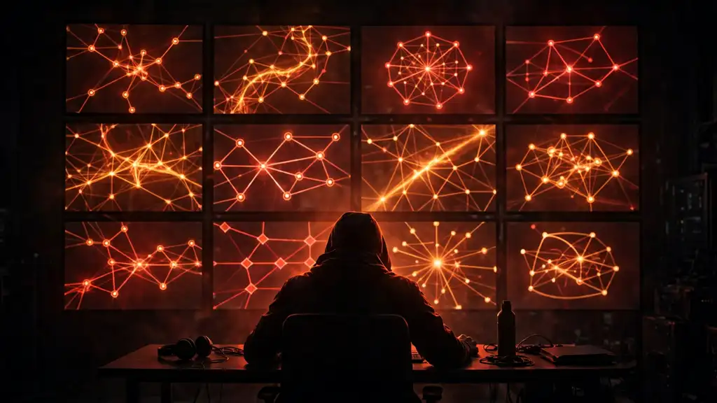 A silhouetted operator facing a wall of glowing monitors, each showing a different network intrusion path