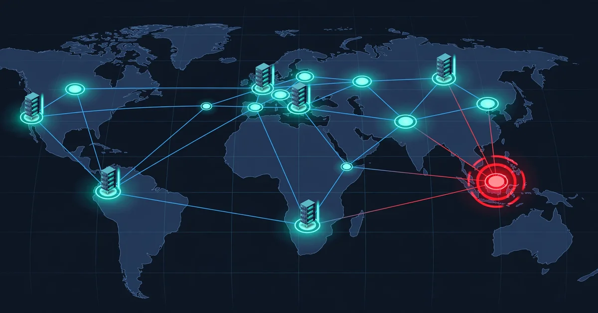 A security dashboard mapping a company's internet-facing servers and domains, with one node highlighted as a confirmed vulnerability