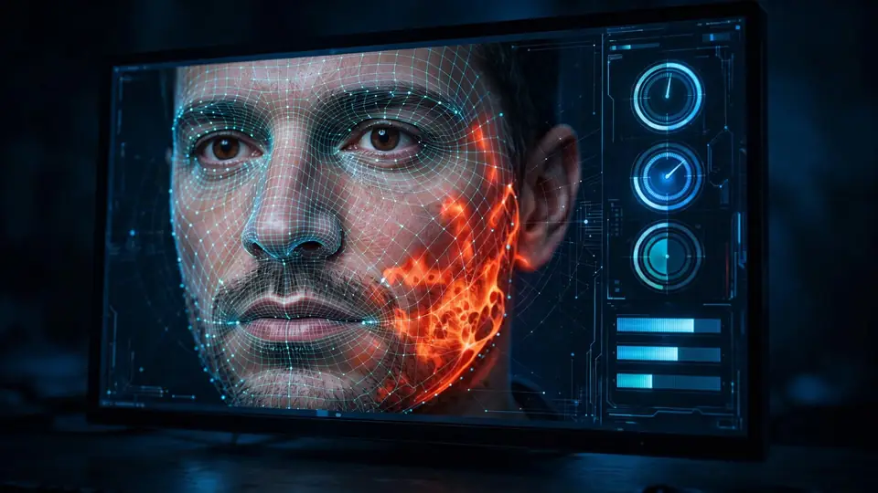 Deepfake-detection software scanning a face: a facial landmark mesh with a heatmap highlighting a swapped region.
