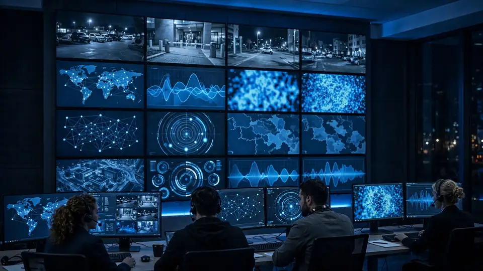 Analysts in an intelligence operations center reviewing video feeds on a wall of monitors.