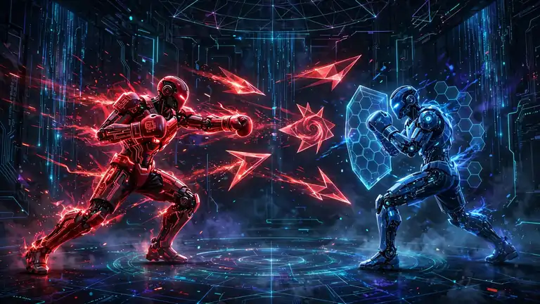 A red robotic AI attacker hurling prompt-shaped projectiles at a blue defending AI in a digital arena