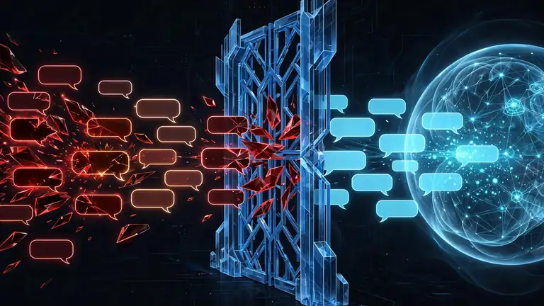 A crystalline gate filtering malicious red prompts from clean blue prompts flowing toward a glowing AI core