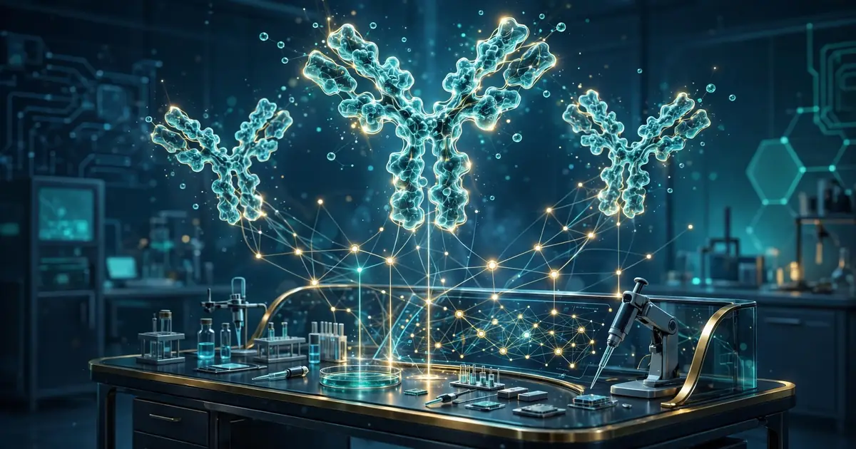 Glowing Y-shaped antibody protein structures floating above a futuristic drug-discovery workstation linked by AI neural-network lines