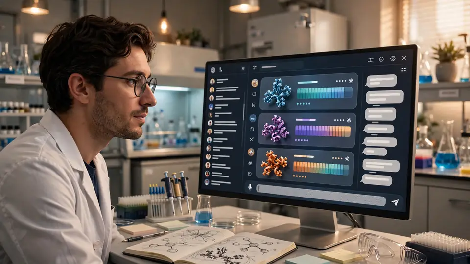 A scientist reviewing antibody candidate rankings with protein ribbon diagrams in a chat-style AI interface