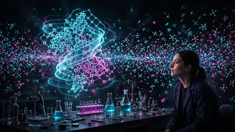 A glowing 3D protein folding simulation hologram over a laboratory bench with molecule models streaming like data points