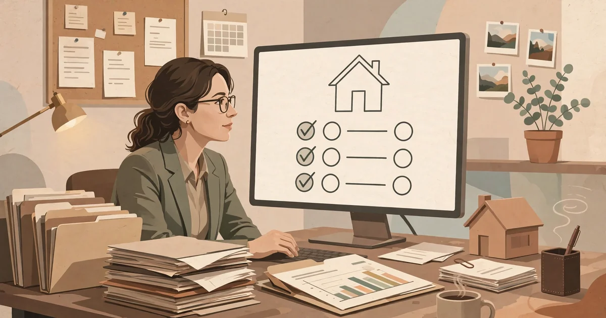 A loan officer at a desk reviewing a mortgage checklist on a screen showing a house outline