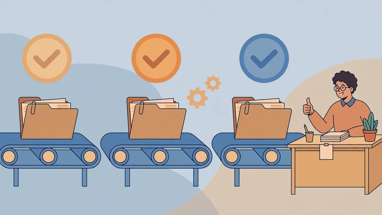 Loan folders moving through review stages toward a human reviewer
